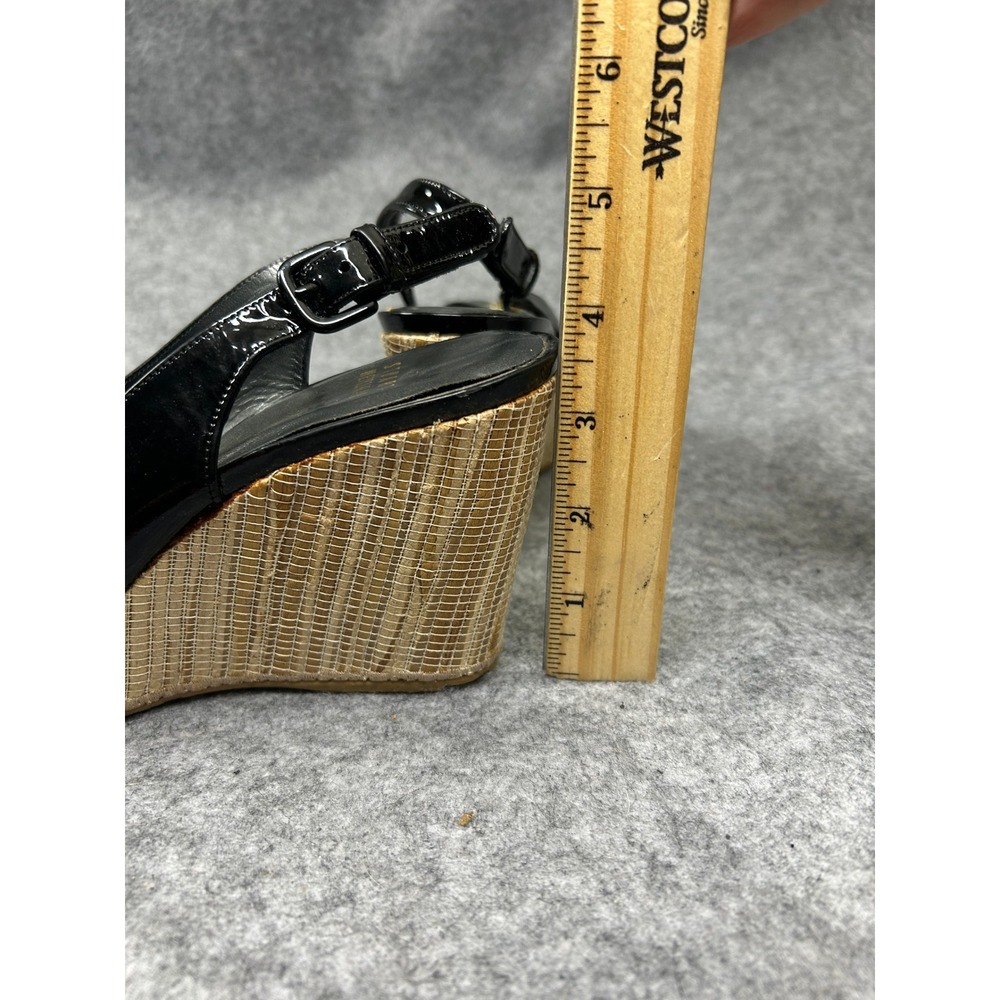 Stuart Weitzman Womens Slingback Wedge 8 Black Patent Leather Bamboo Detail - Picture 7 of 8